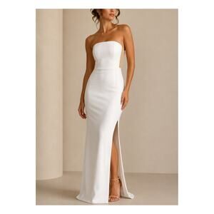Misha Strapless Maxi Dress Womens XL White Slit Bridal Cocktail Elegant Luxury